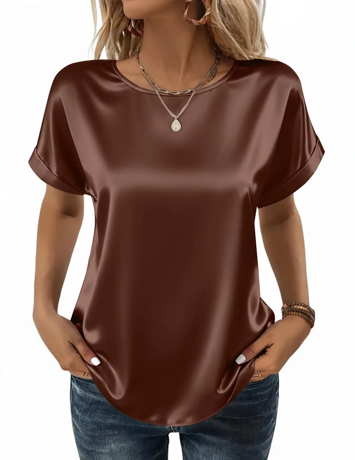 Женская блузка из атласа с коротким рукавом, Brown