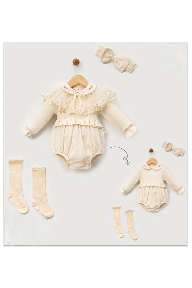 Детское боди-комбинезон для девочек с длинным рукавом Cherub Baby, Beige — фото 3