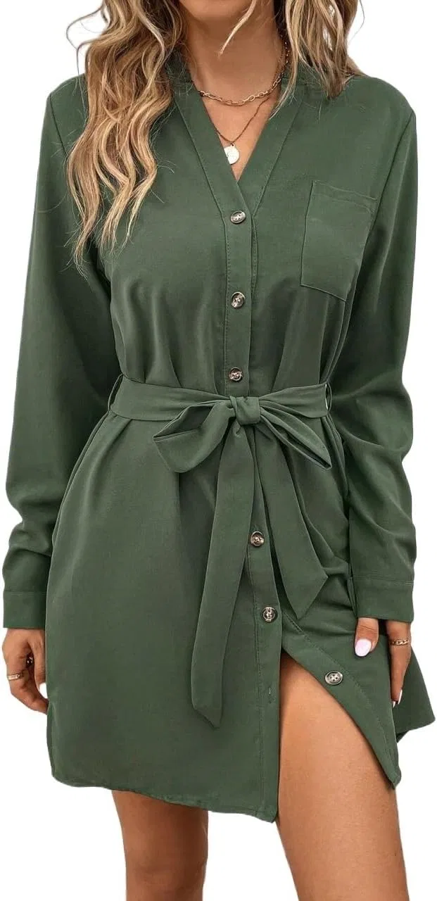 Женское платье-рубашка с поясом Solid Color, Army Green