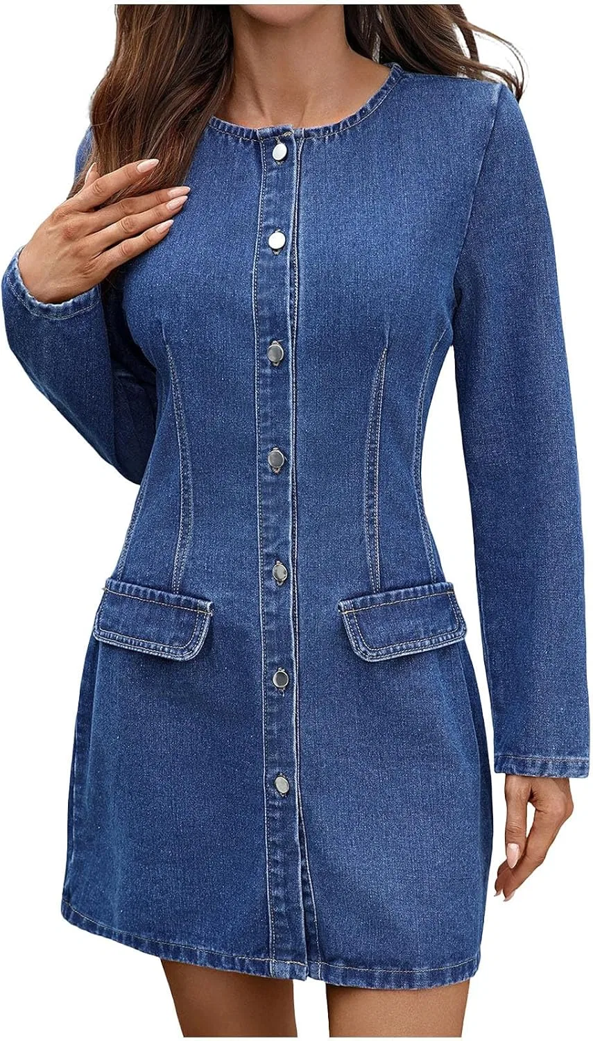 Женское джинсовое платье с длинным рукавом, Dark Blue