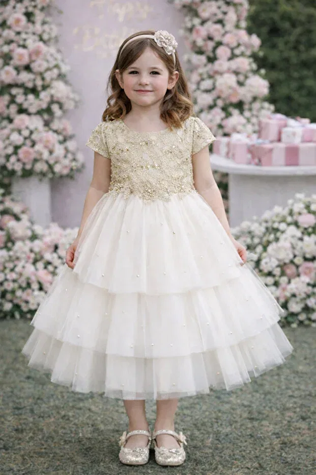 Детское платье для девочек из тюля с вышивкой Süslü Pink Kids, White