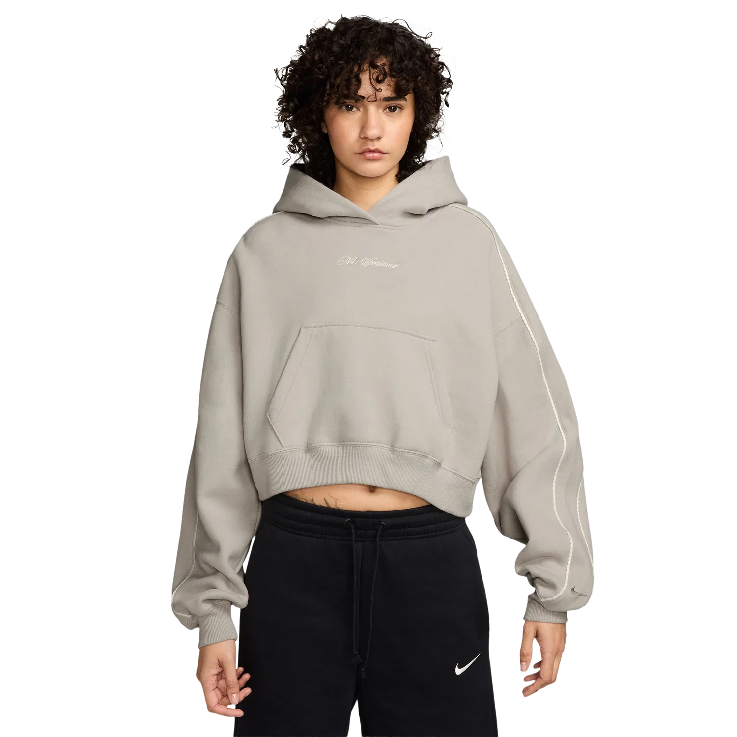 Женский худи с капюшоном, укороченный, оверсайз, с флисом, Nike Studio Crop Fleece Scallop, Nike, White/White/White — фото 4