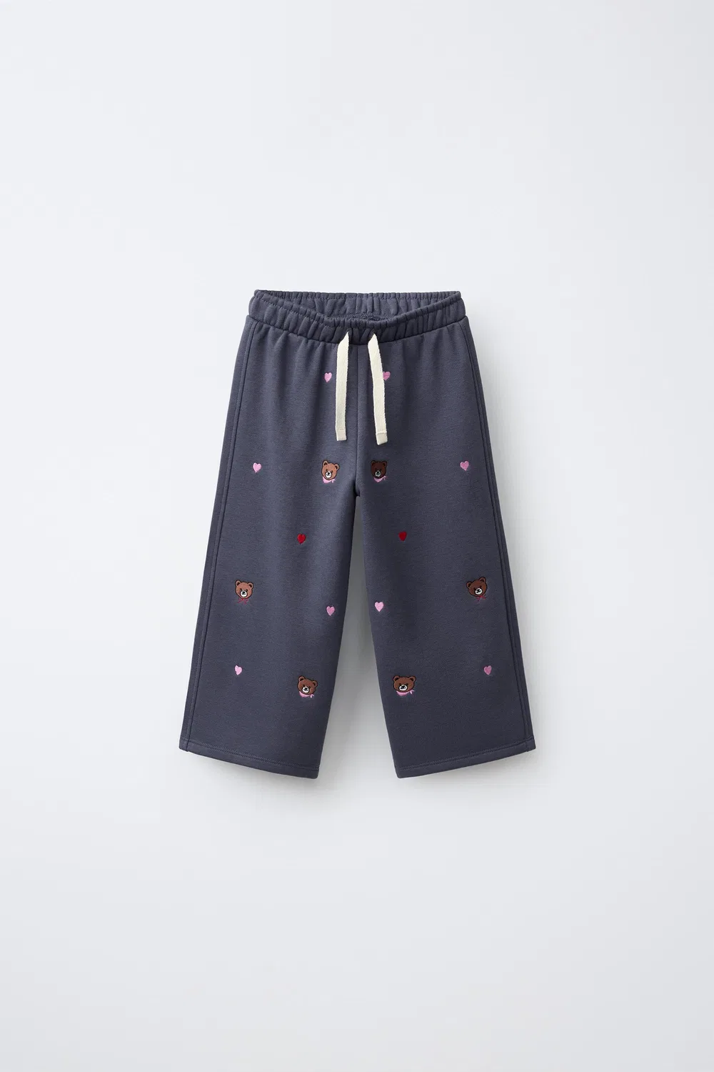 Плюшевые брюки с вышитым изображением медведя, широкие штанины. ZARA, Navy blue