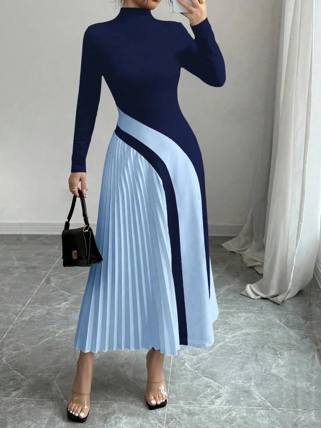 Женское элегантное платье миди A-силуэта с цветовыми блоками, Navy Blue — фото 2
