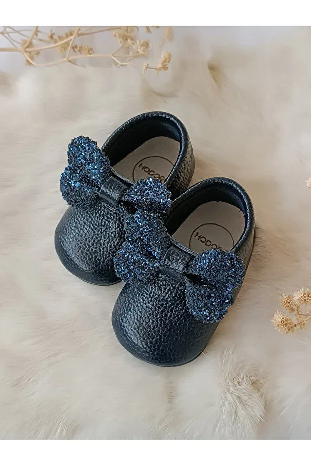 Детские кожаные лоферы для девочек с отделкой камнями Sofia stoned navy blue genuine leather baby loafer Hodore, Navy Blue With Stones