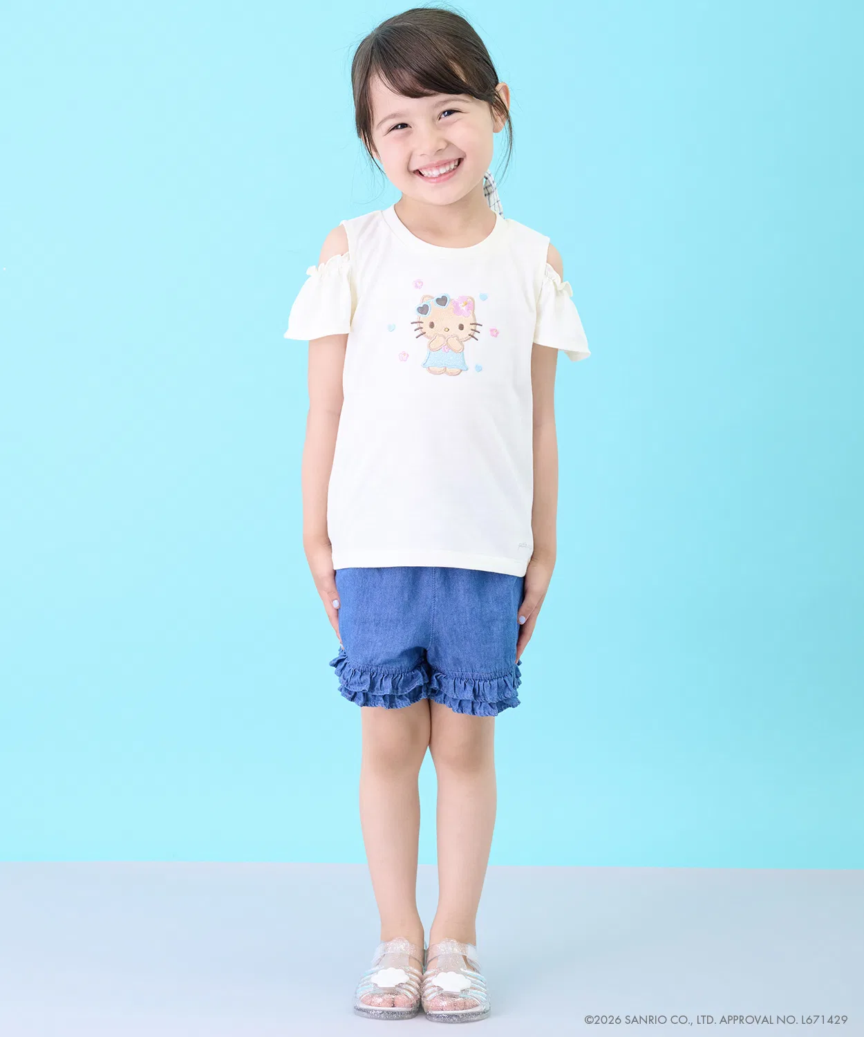 Детская футболка с графическим принтом Sanrio Characters, с открытыми плечами, petit main, Light Blue — фото 3