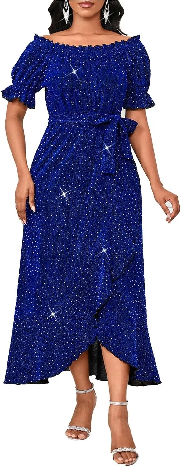 Женское коктейльное платье с пайетками off-shoulder, Blue