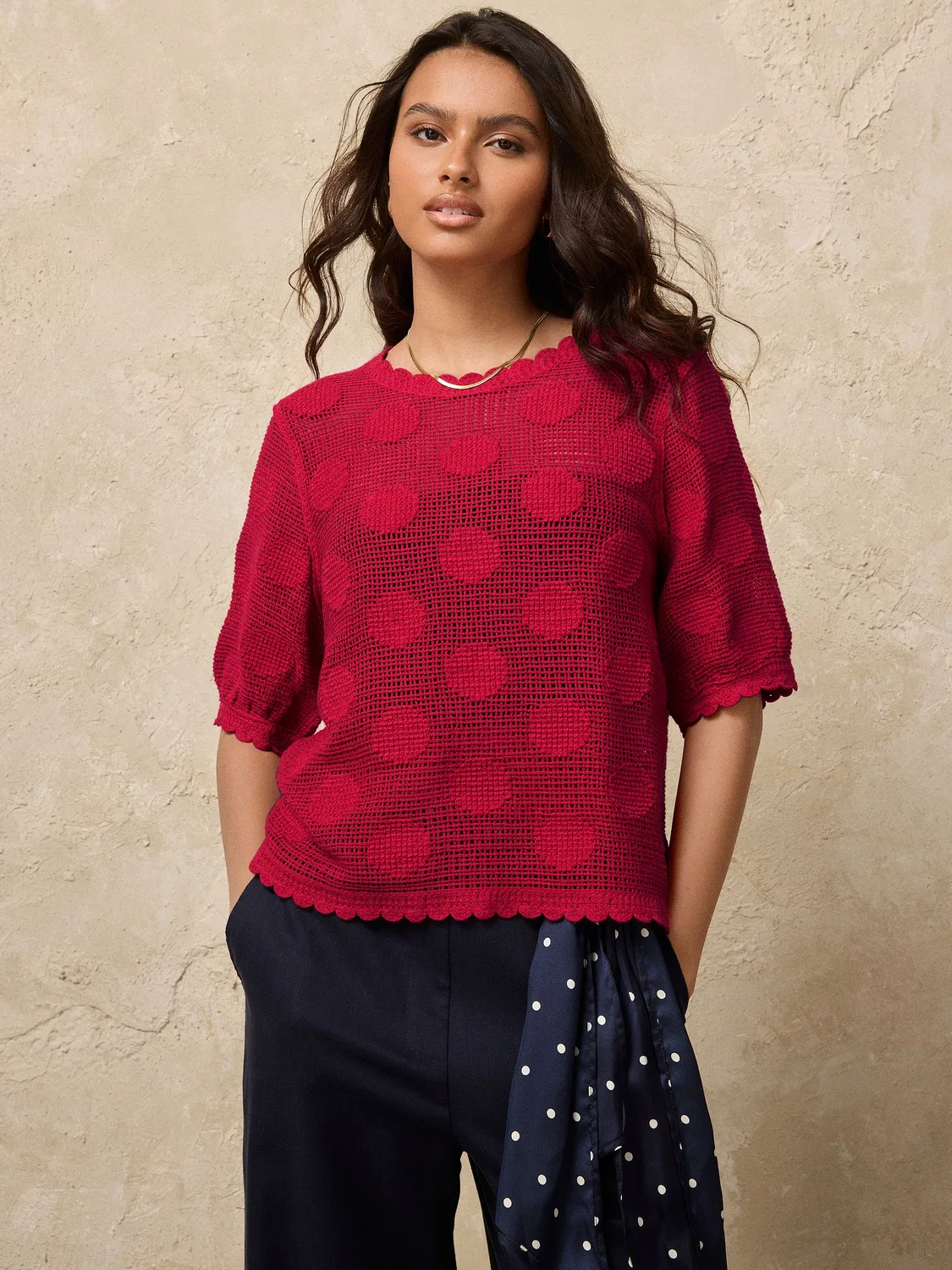 Футболка с цветочным кружевом, Red Polka Dot Next, красный в горошек