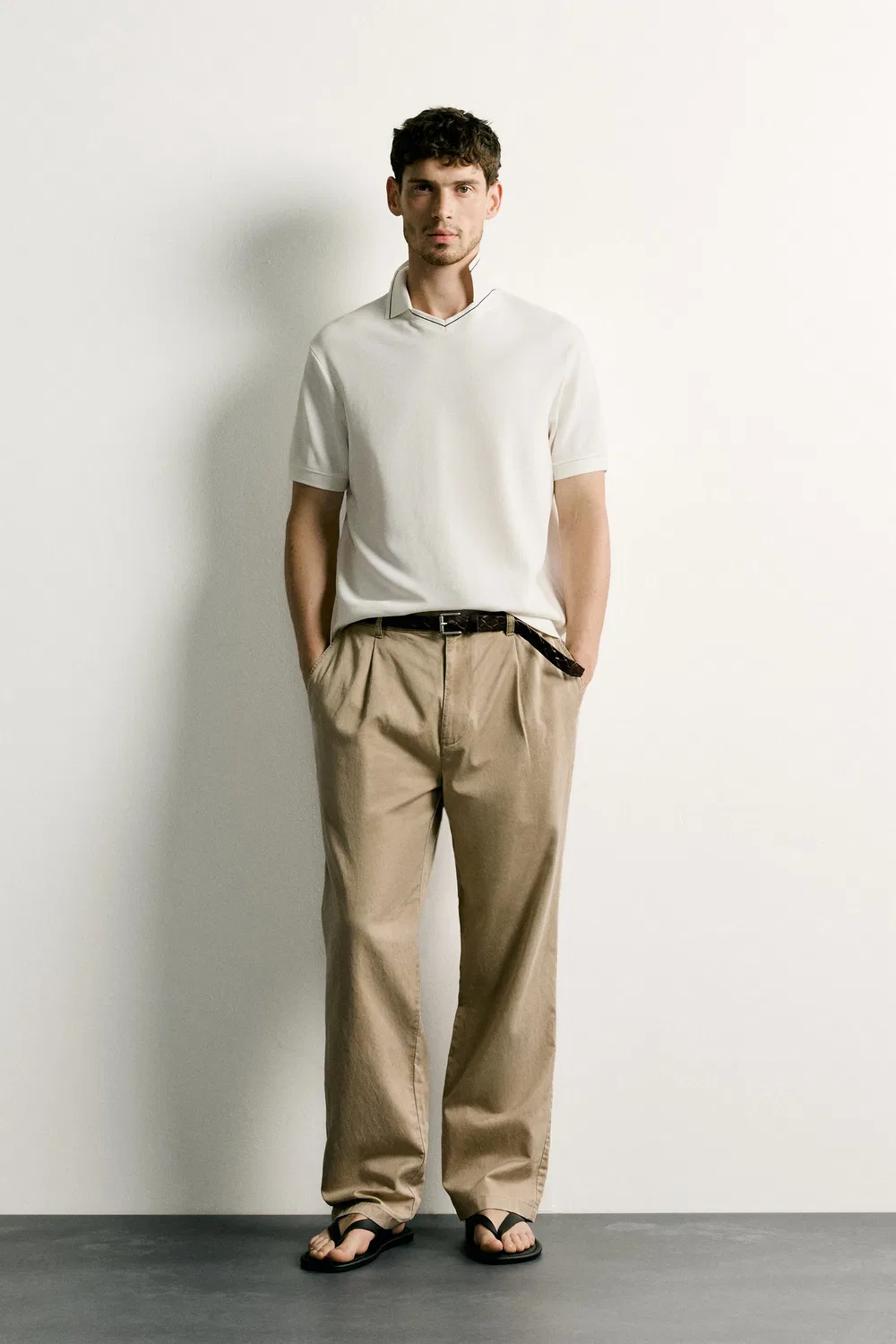 Контрастная рубашка-поло стандартного кроя ZARA, Oyster-white
