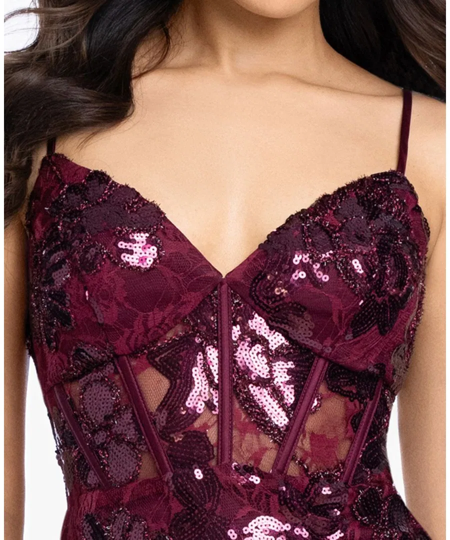 Платье-миди с принтом и кружевом, модель Floral Sequin Lace Corset-Inspired Bodycon Mini Blondie Nites, Wine — фото 4