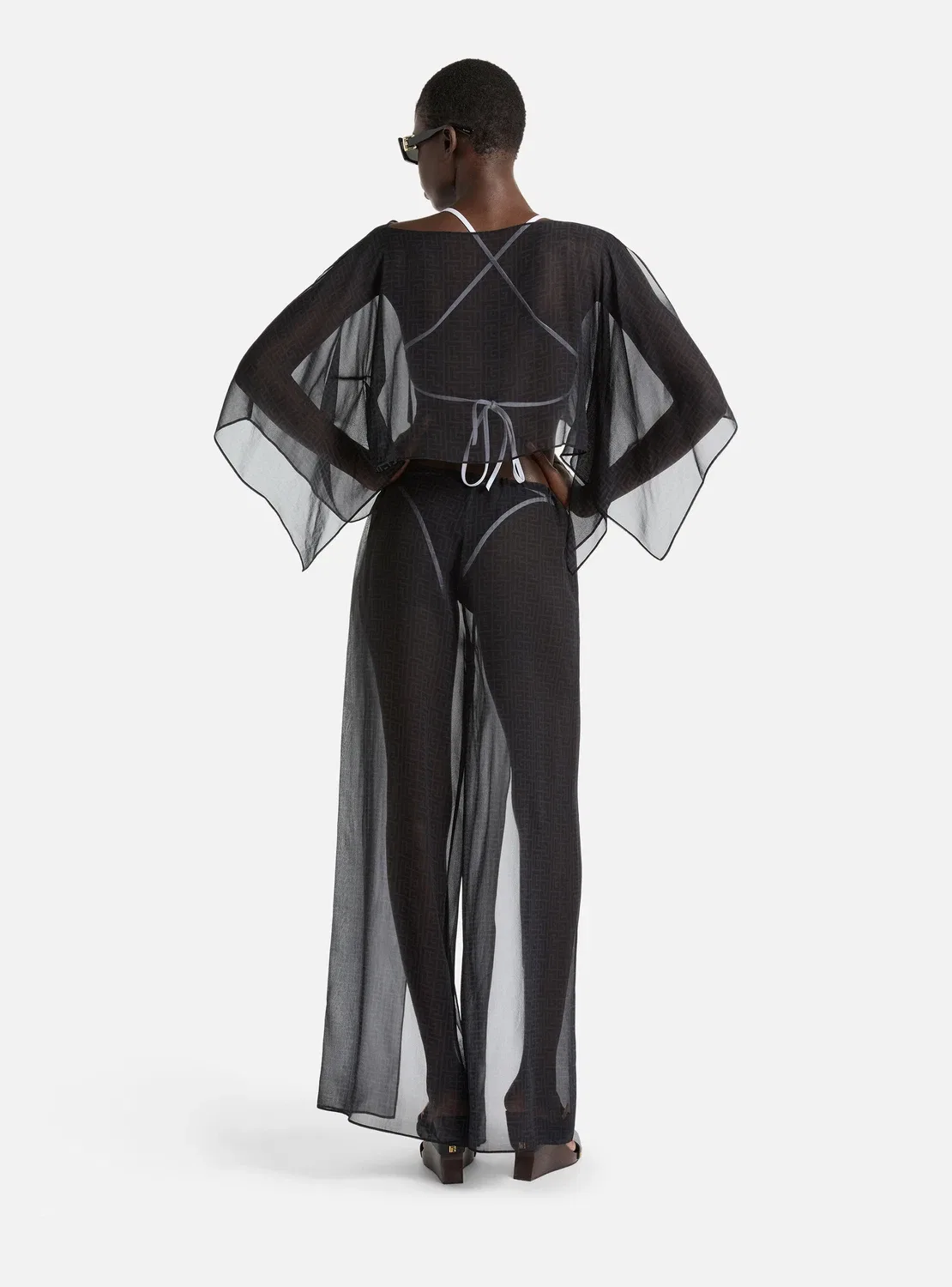 Монограммные пляжные брюки из шифона BALMAIN, черный — фото 3
