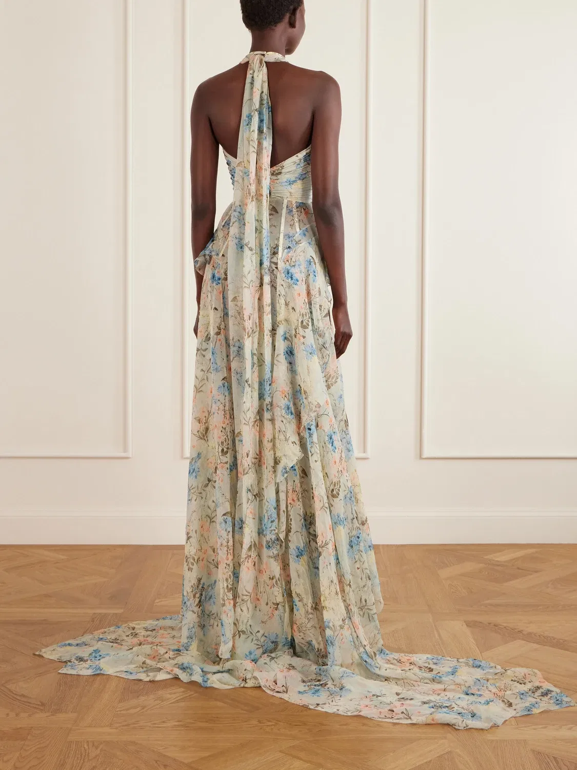 Плиссированное шелково-органзовое макси-платье с цветочным принтом Alexander McQueen, розовый/зеленый/синий — фото 3