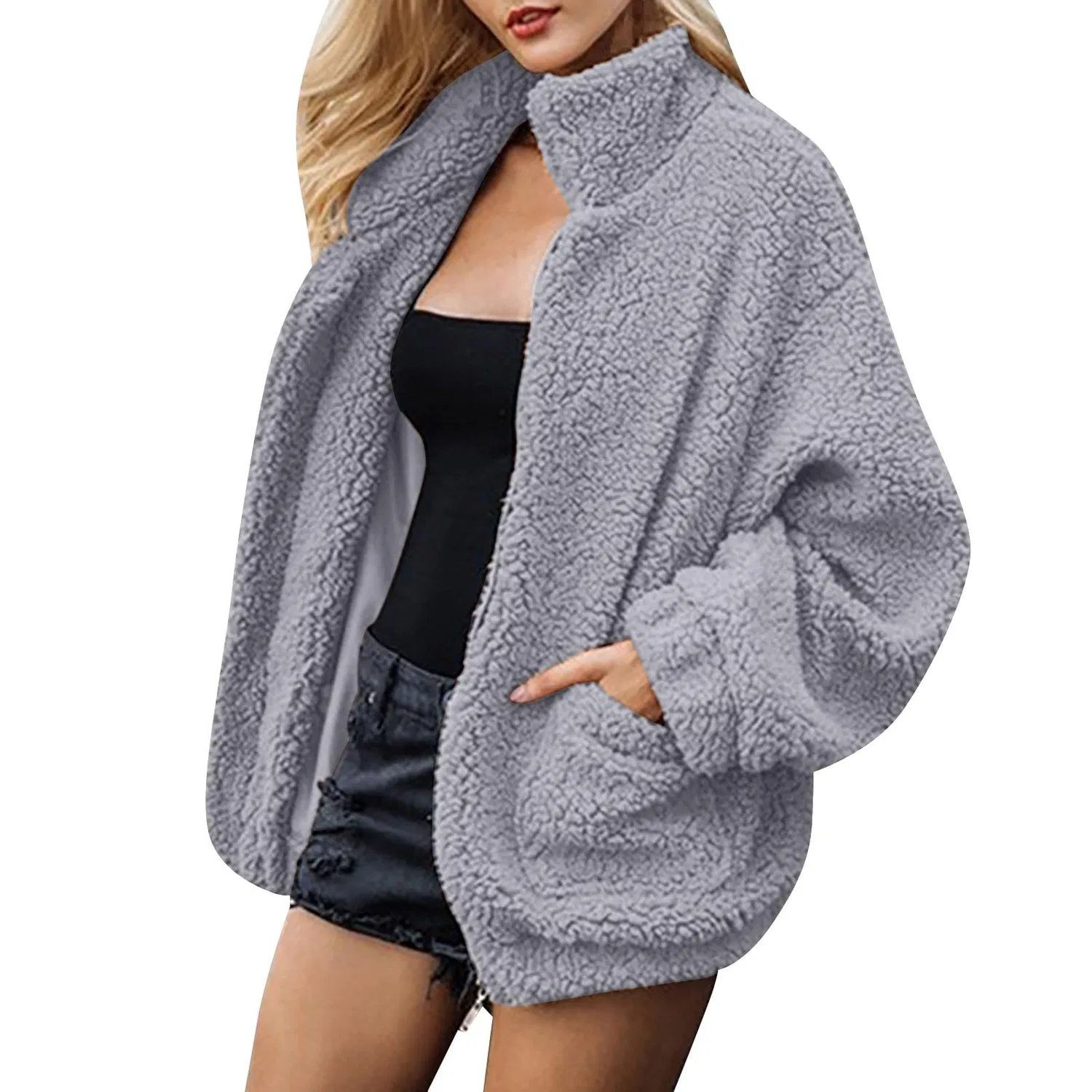 Женская куртка из флиса с капюшоном Teddy, Grigio