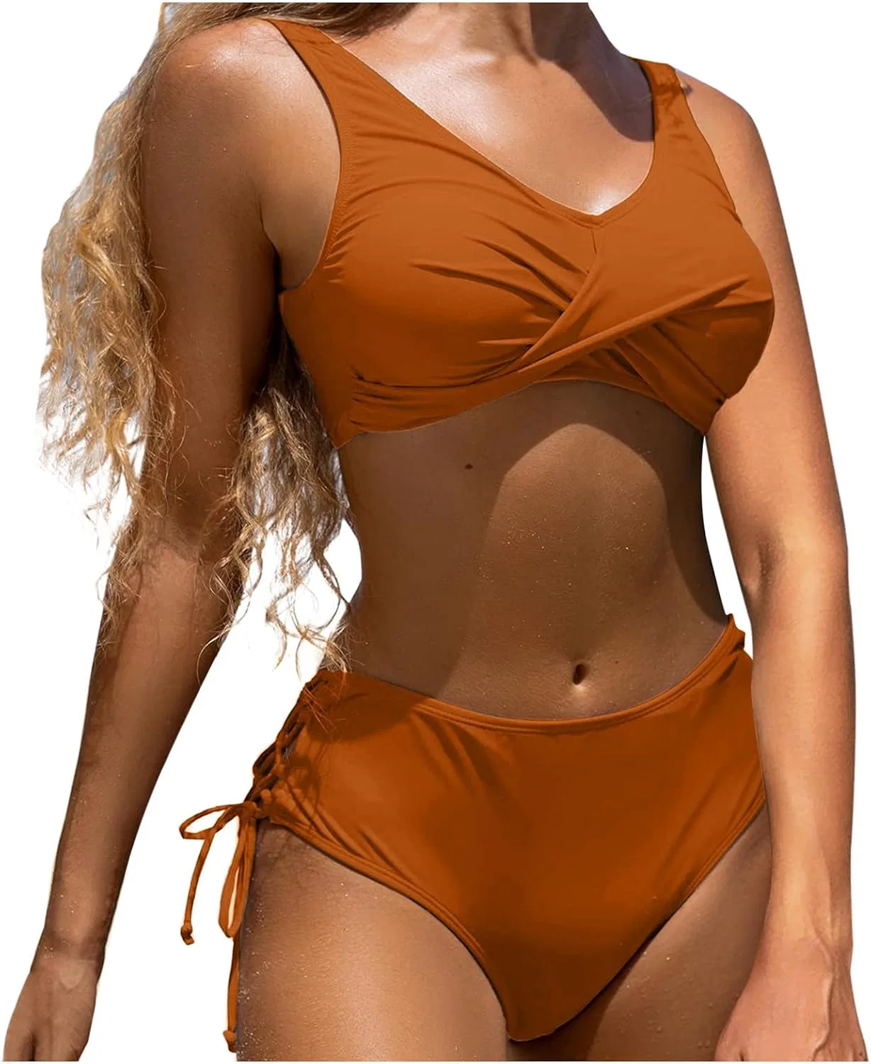 Женский бикини-комплект с высокой талией и контролем живота Twist Front Self Tie, Coffee