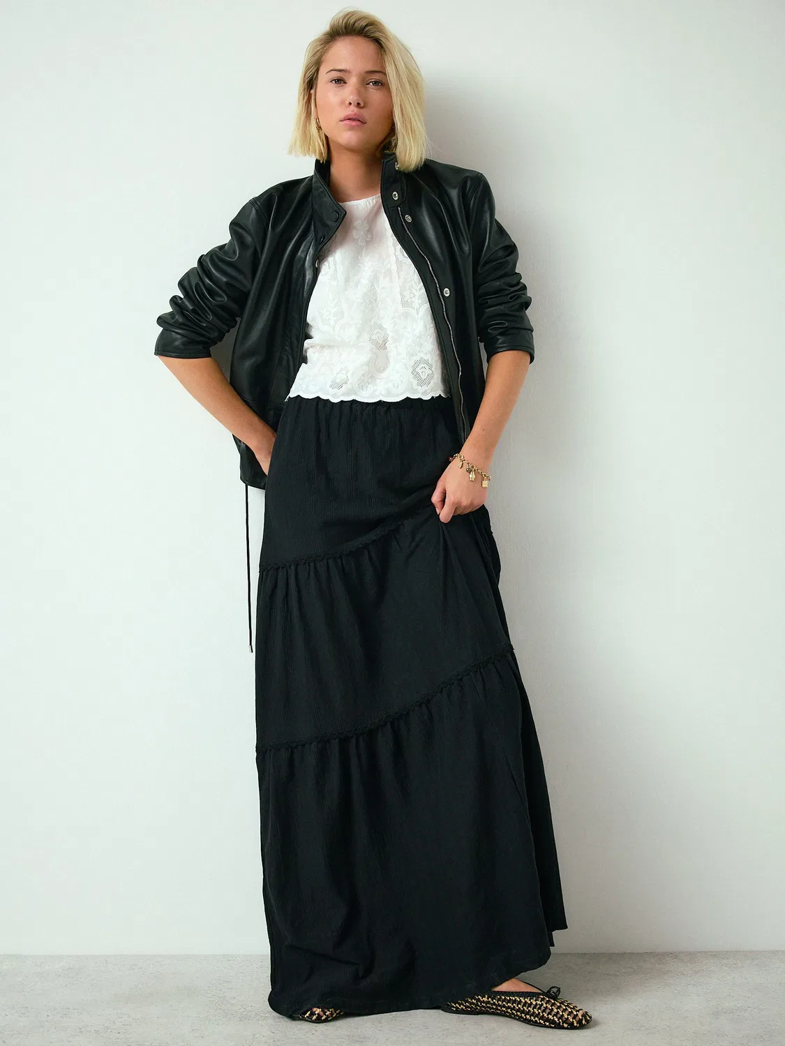 Юбка макси, ярусная, Black Cotton Tiered Maxi Skirt Next, черный — фото 2