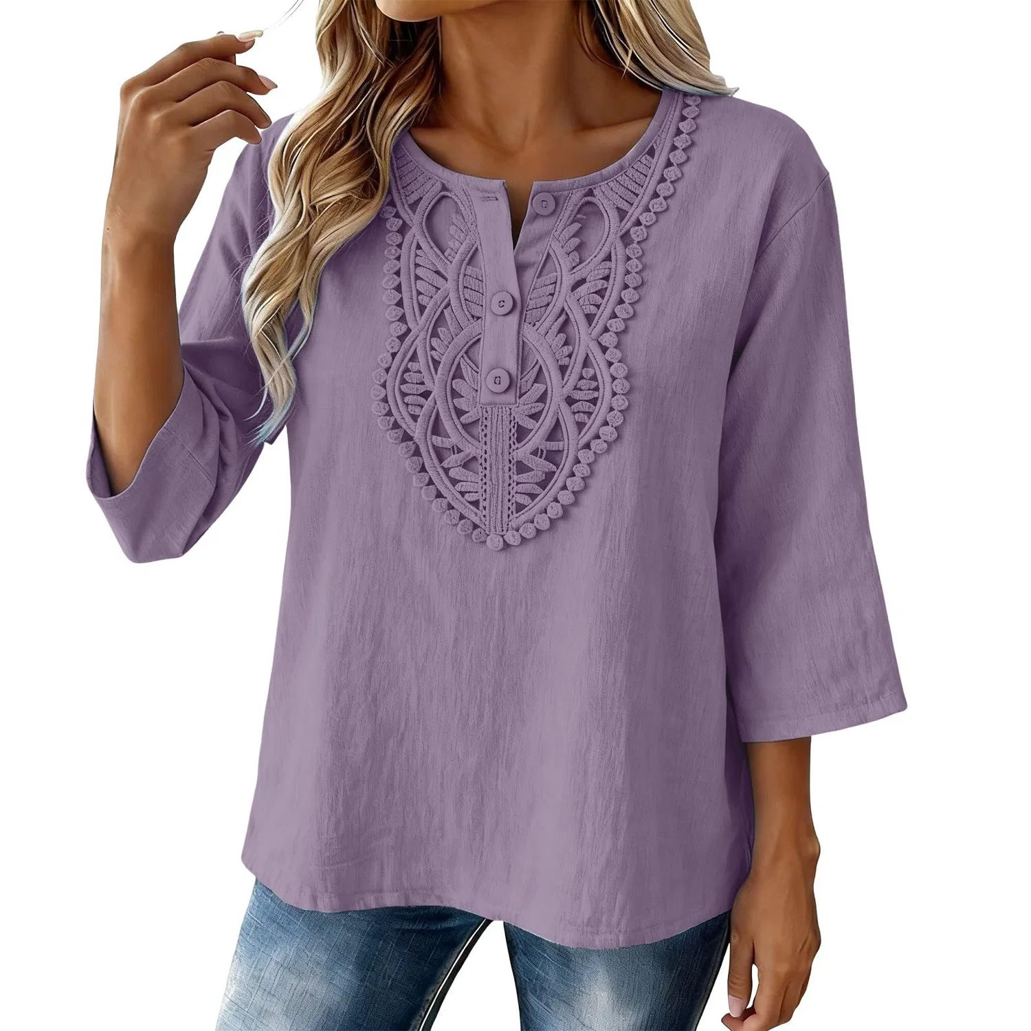Женская льняная туника с вышивкой Retro 3/4 Sleeve Boho Casual Loose Fit Lightweight Summer Beach Blouse, A-purple