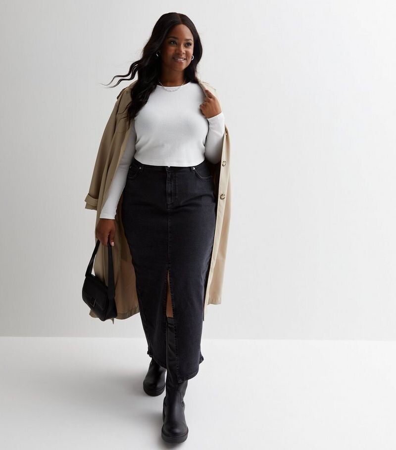 

Черная джинсовая длинная юбка с разрезом на подоле Curves New Look, черный