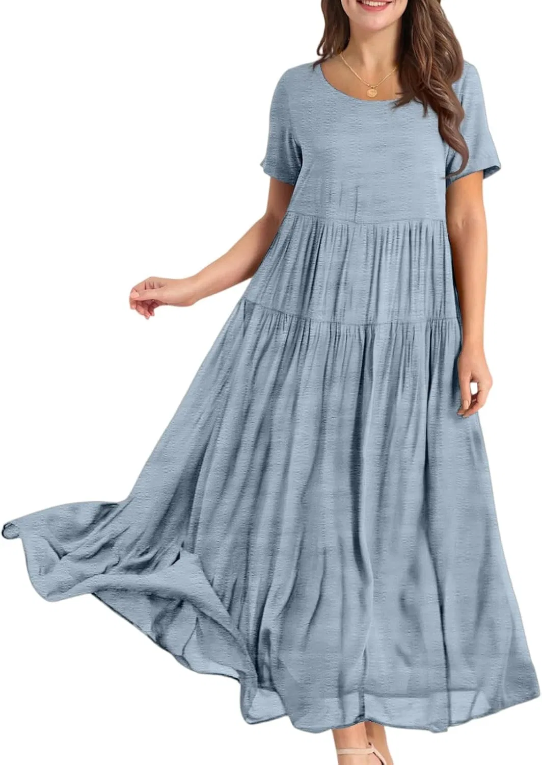 Женское макси-платье богемное с коротким рукавом, Light Blue