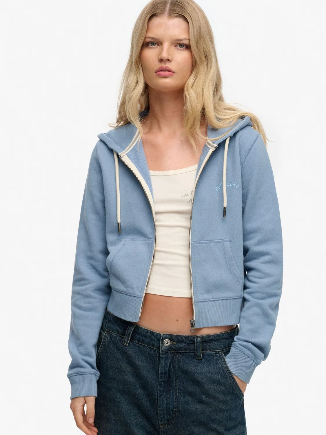 Худи с капюшоном, укороченное Superdry Essential Logo, синее — фото 4