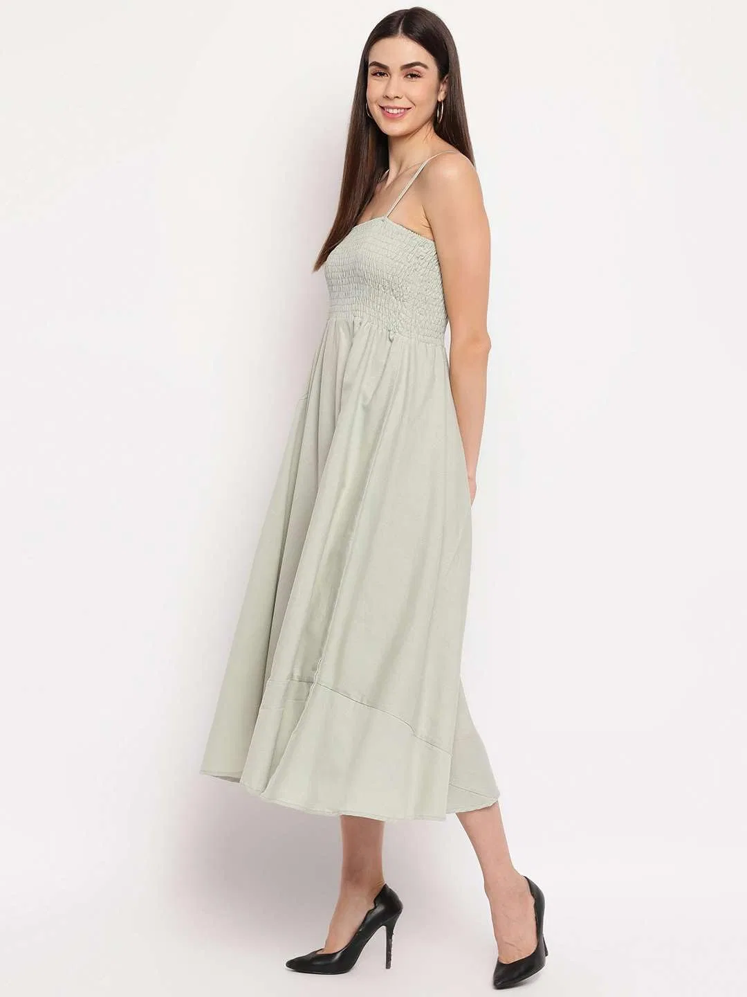 Женское платье миди с открытыми плечами из вискозы GrabMe Store, Light Grey — фото 2