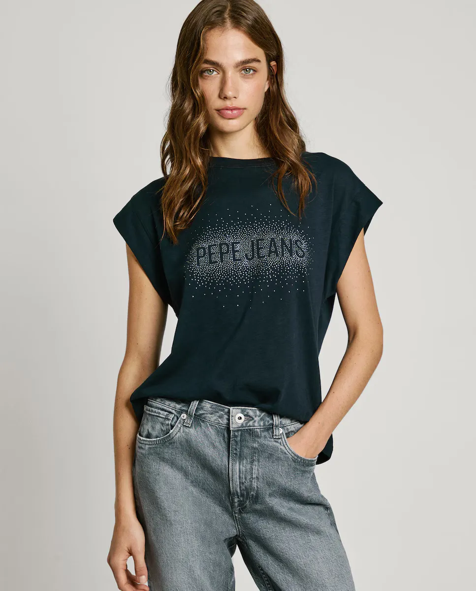 

Женская футболка свободного кроя со стразами Pepe Jeans, тёмно-синий