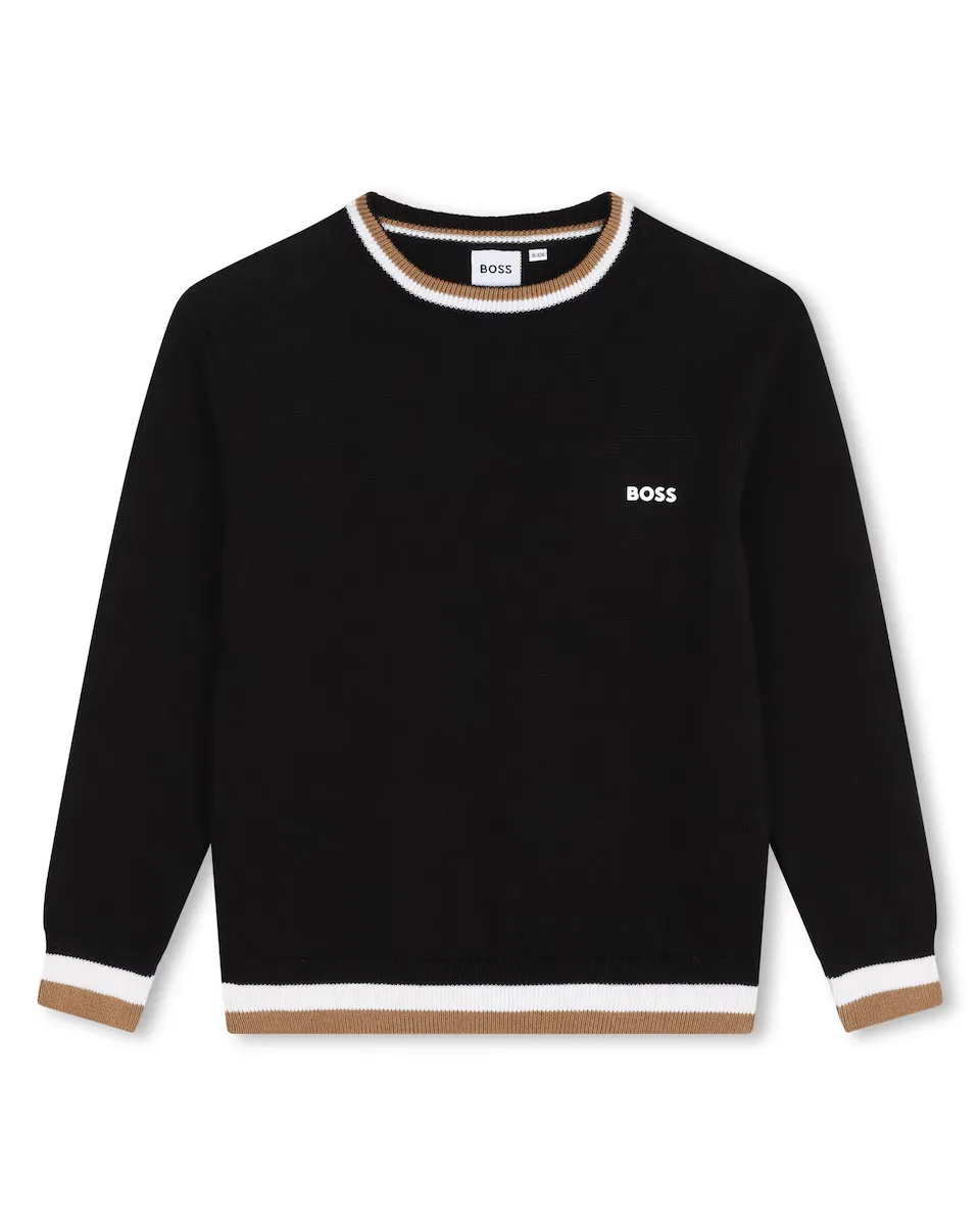 

Однотонный свитер для мальчика с полосатой отделкой BOSS Kidswear, черный
