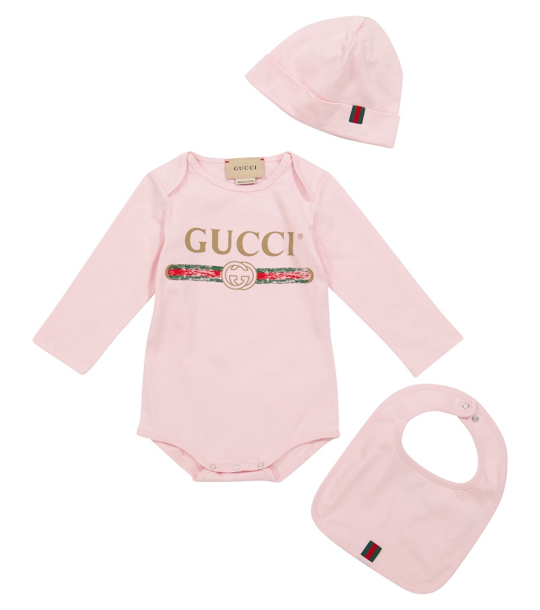 

Комплект из хлопкового боди, шапочки и нагрудника с логотипом baby Gucci, красный