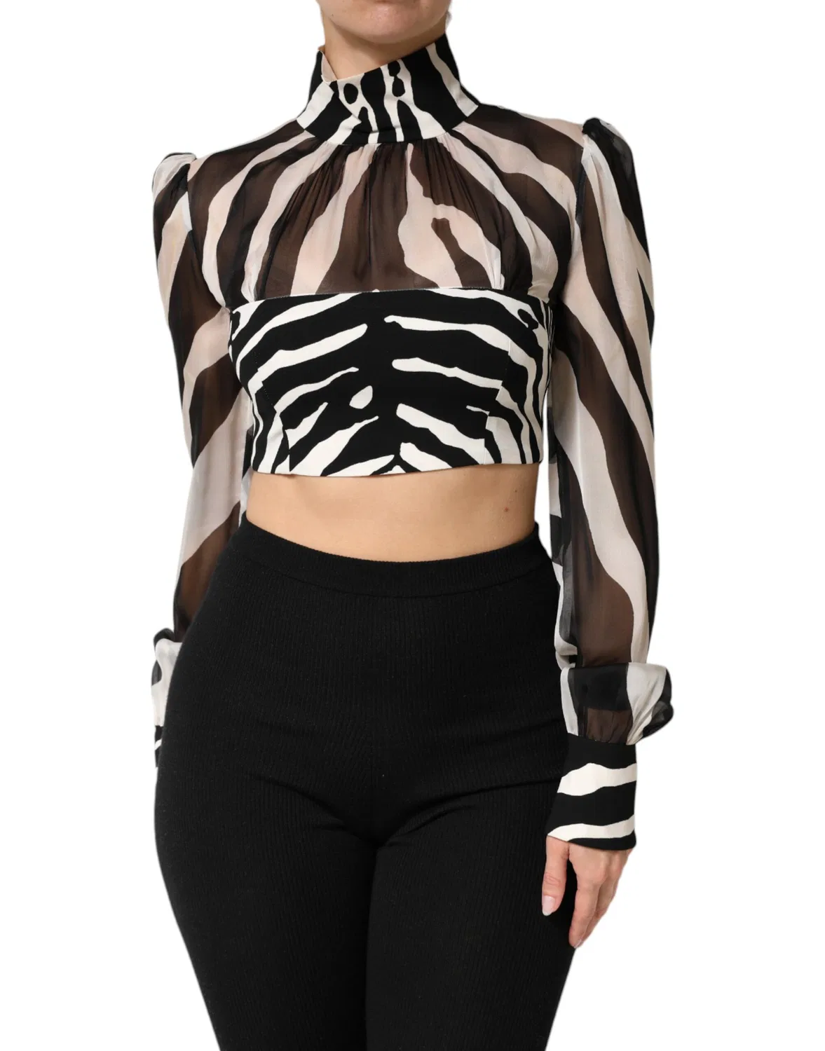 Женская блузка с принтом зебры с длинным рукавом и воротником-гольф Zebra Print Chiffon Paneled Crop Blouse Top Dolce & Gabbana, Black and White