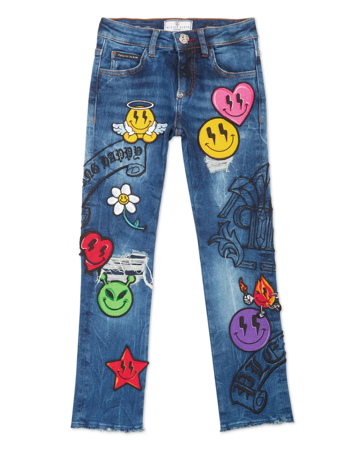 Детские джинсы свободного кроя с принтом Smile PHILIPP PLEIN, Bluewave