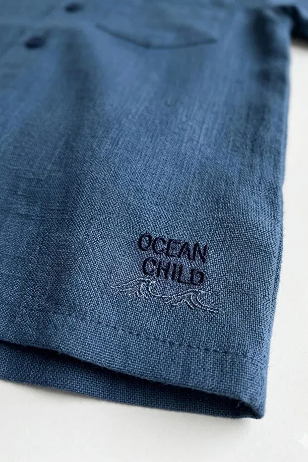 Детская рубашка для мальчиков с коротким рукавом Hawaiian collar natural linen short sleeve boys' shirt Mutlu Kids, Indigo — фото 3