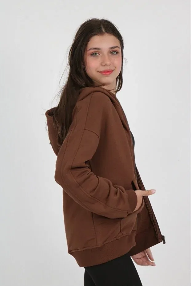 Детский кардиган для девочек с капюшоном Brown Girl's Hooded Zippered Pockets Off Shoulder Embroidery Printed Knitted Cardigan Toontoy, Brown — фото 2