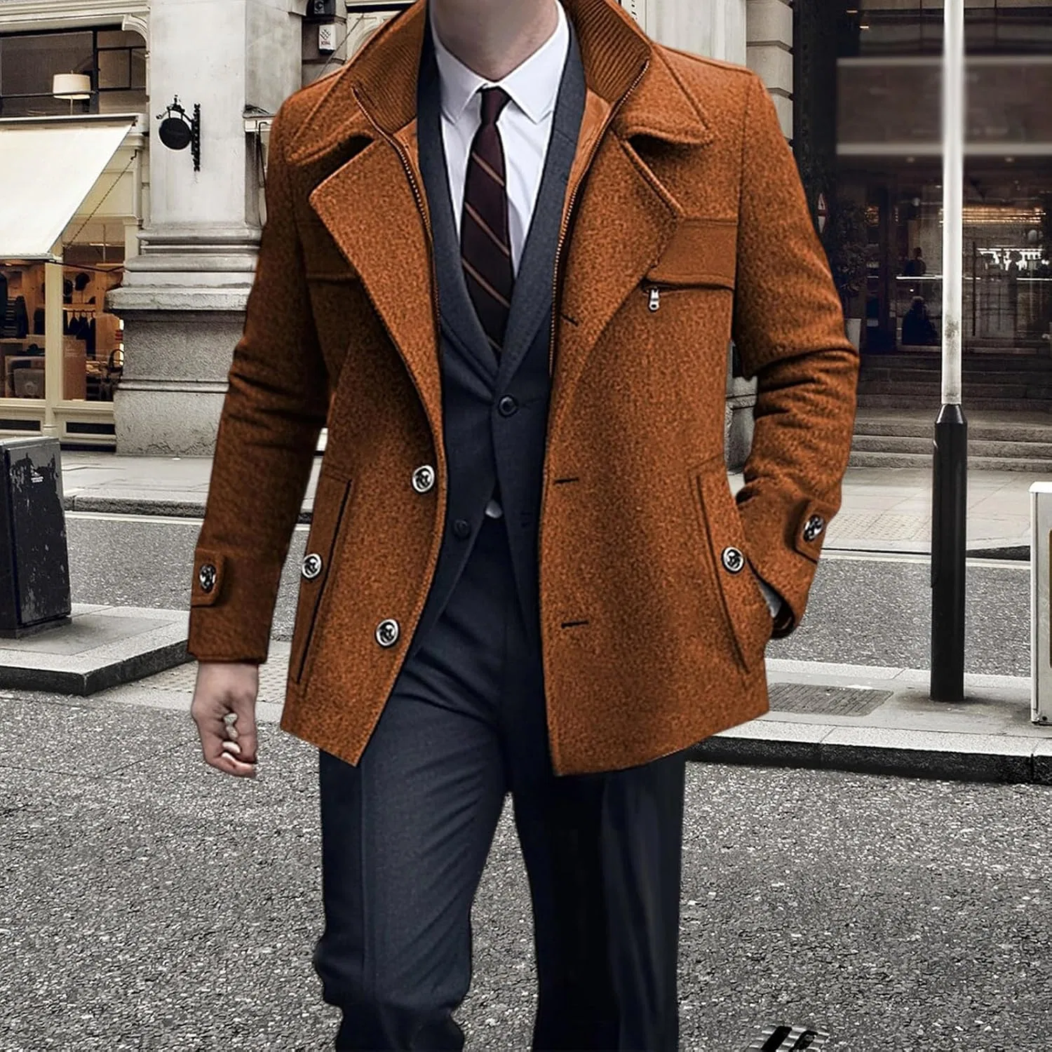 Мужское пальто-тренч с длинным рукавом, Regular Fit Trench Coat, коричневый — фото 3