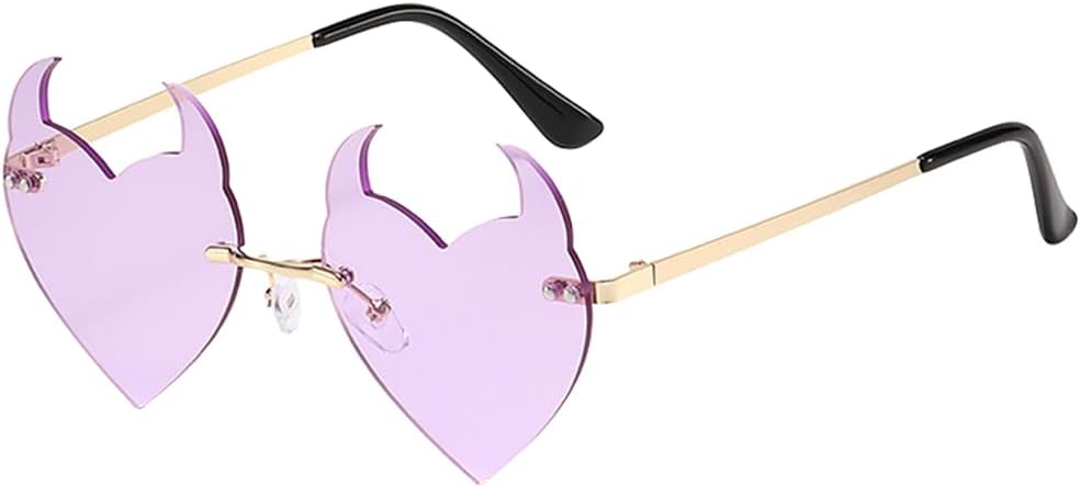 

Солнцезащитные очки Junsika без оправы с изображением дьявольского сердца для женщин, модный аксессуар для вечеринки на Хэллоуин, с демоническими рогами, фиолетовые солнцезащитные очки с защитой UV400, Purple