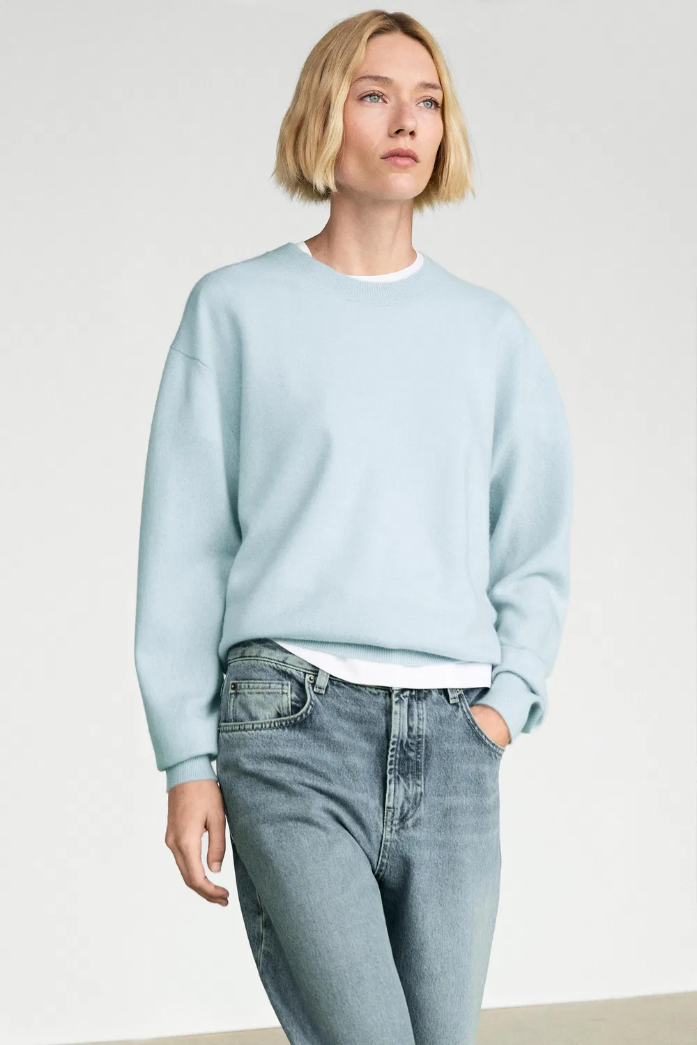 Свитер Massimo Dutti, кашемировый свитер с длинными рукавами, светло-голубой — фото 3