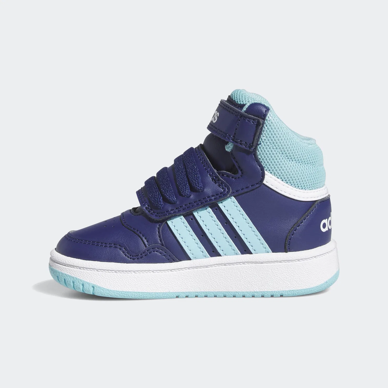 Детские кроссовки для мальчиков и девочек высокие Hoops Mid Adidas, Dark Blue Light Aqua Cloud White — фото 2