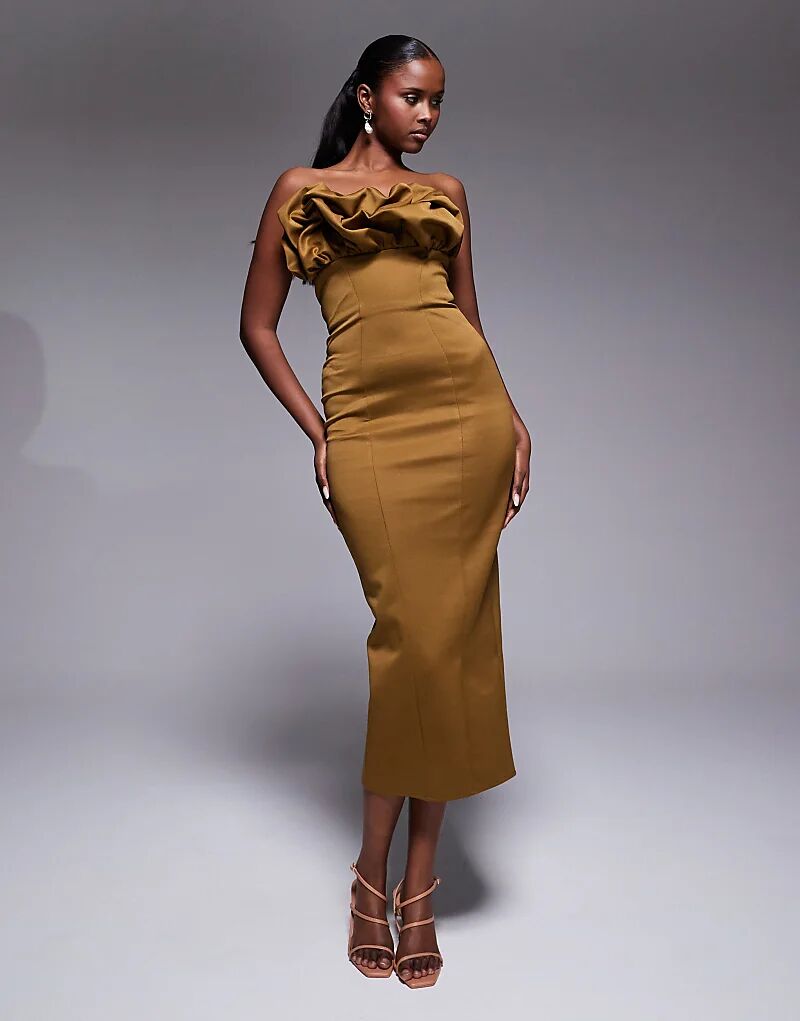 

Платье-бандо миди ASOS DESIGN с лифом-оборкой оливкового цвета