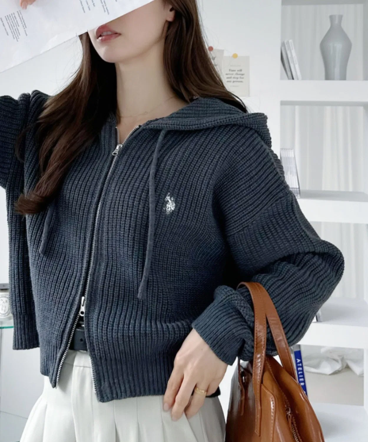 Женский укороченный свитшот-худи с двойной молнией U.S. POLO ASSN., Charcoal