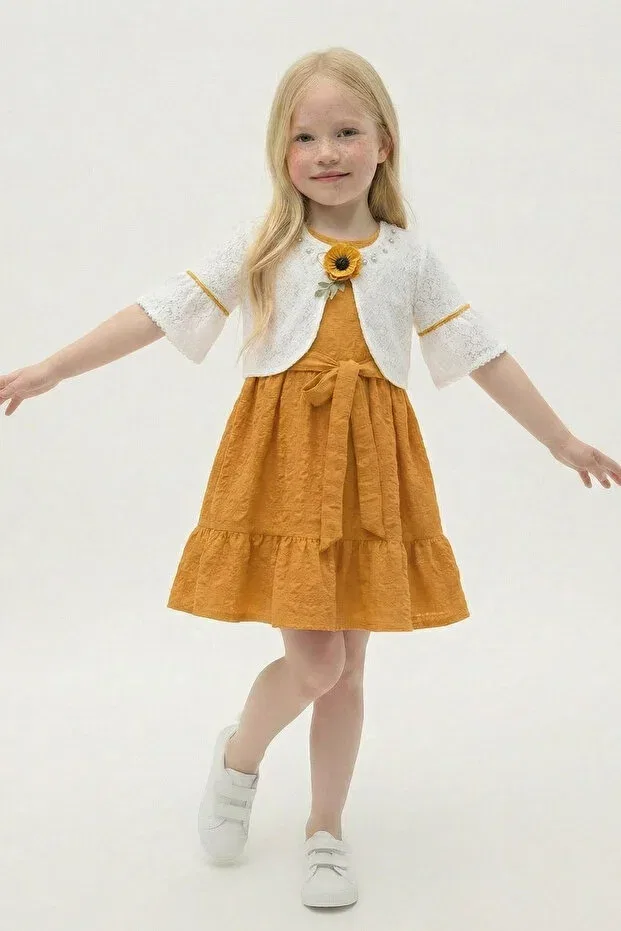 Детское платье для девочек с кружевным болеро и оборками Fesshera Kids, Sarı