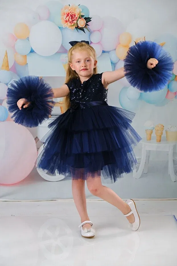 Детское платье для девочек с длинным рукавом Delfini Kids, Navy Blue — фото 4
