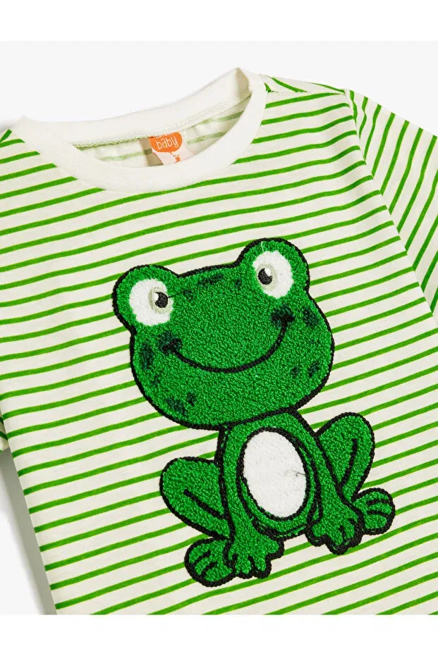 Детская футболка с вышивкой лягушки Koton, Green Striped — фото 3