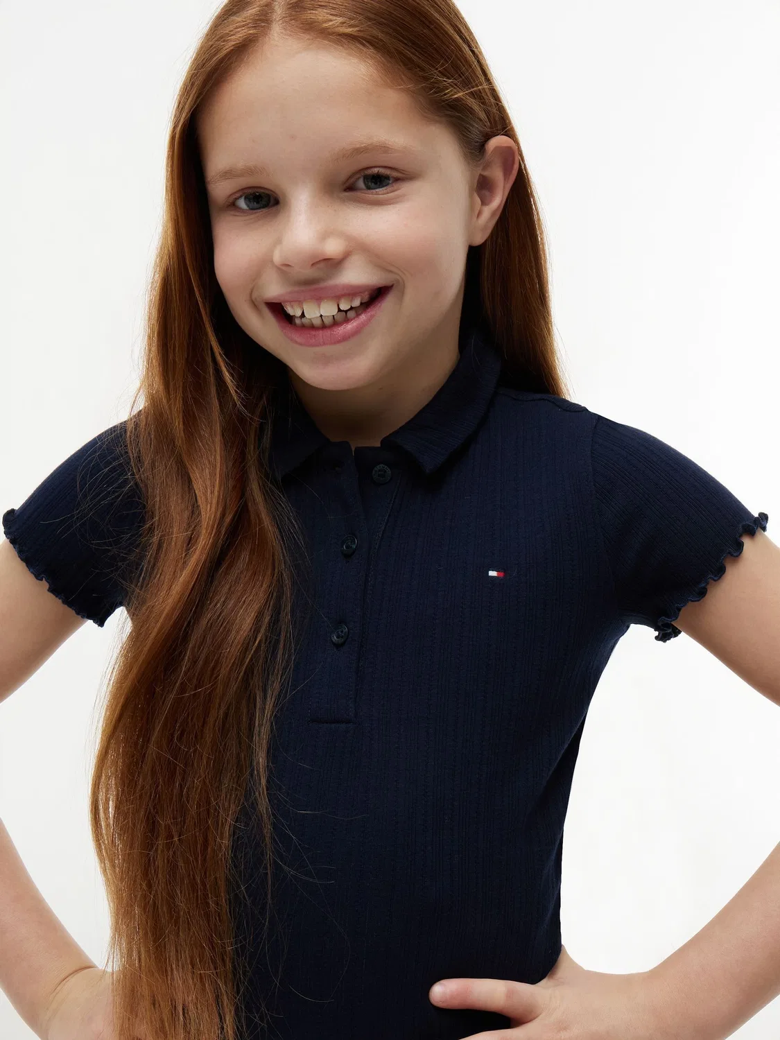 Футболка поло с кружевным узором Tommy Hilfiger, синяя — фото 3