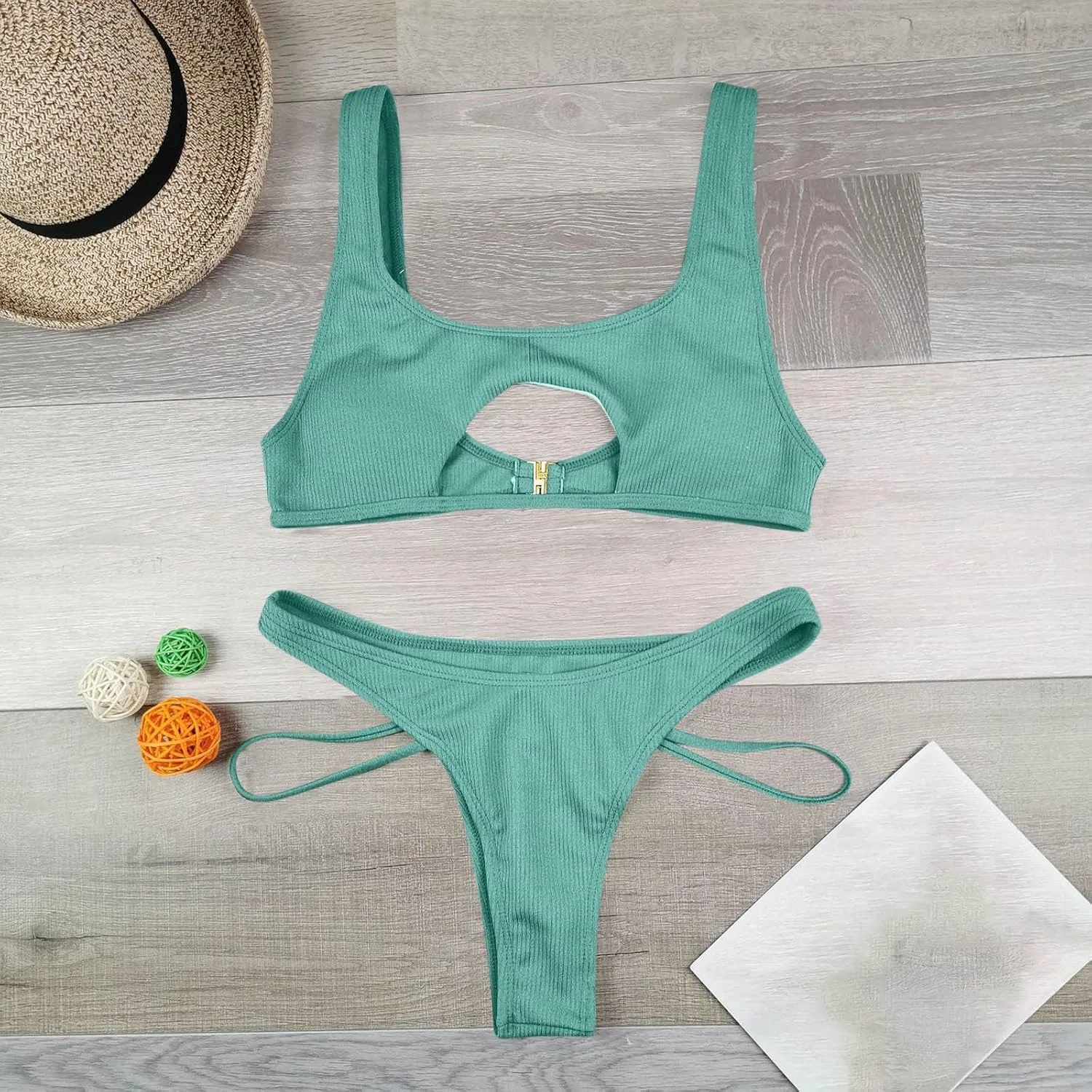 Женский бикини-сет с вырезами Ribbed Back Hook Two Piece, Green — фото 4