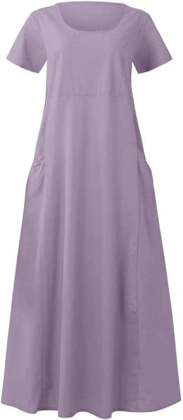 Женское летнее платье с коротким рукавом из льна и хлопка, Purple — фото 2