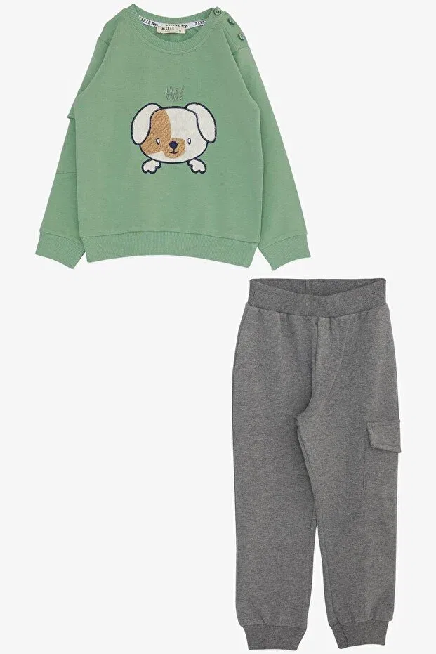 Детский спортивный костюм для мальчиков с принтом Cute Puppy Embroidered Sleeve Pocket Breeze, Mint Green