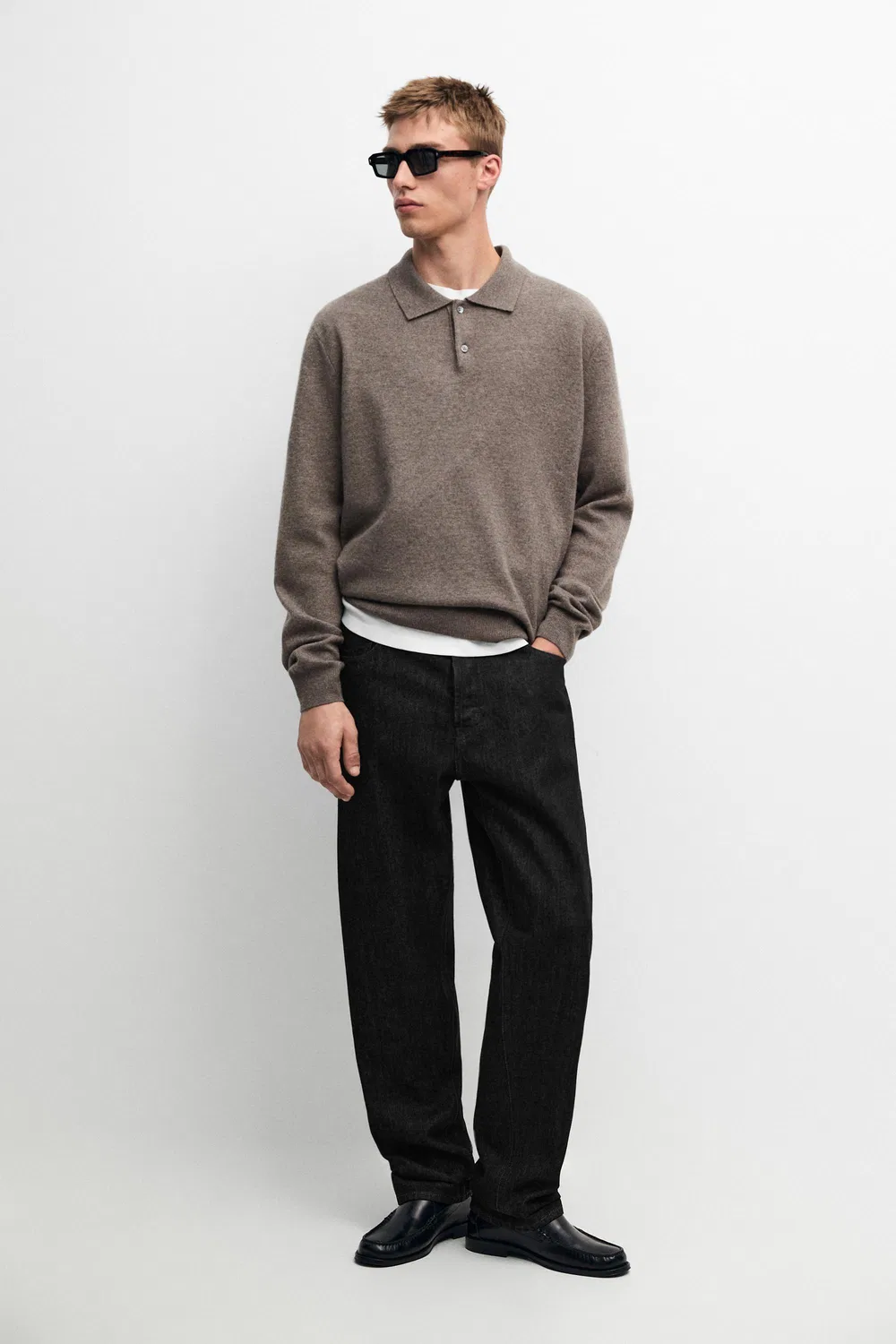 Поло-свитер Massimo Dutti Wool Blend Knit, темный хаки — фото 3