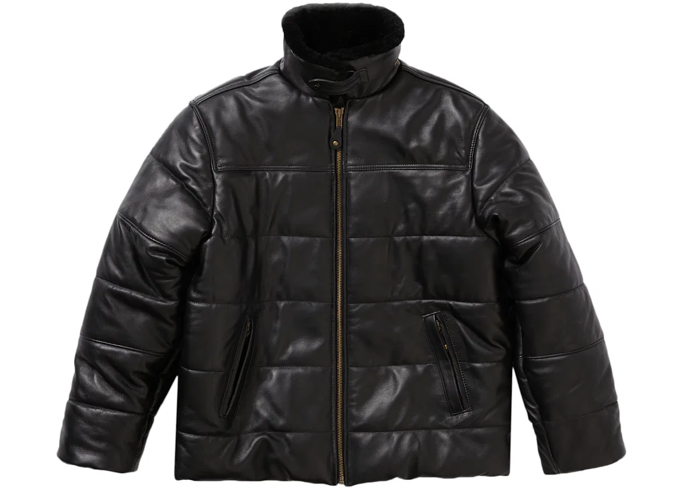 Мужская куртка с меховым воротником Supreme Schott Shearling Collar Leather Puffy Jacket, Black — фото 2