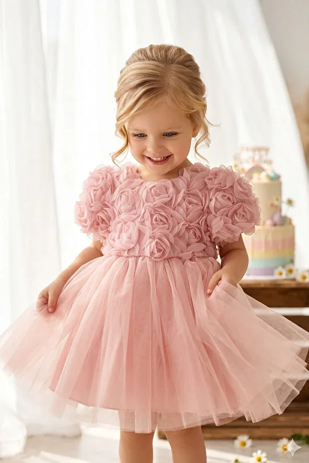Детское платье для девочек с цветочным принтом Powder Rose Baby Girl and Child Princess Dress Alyra, Powder — фото 2