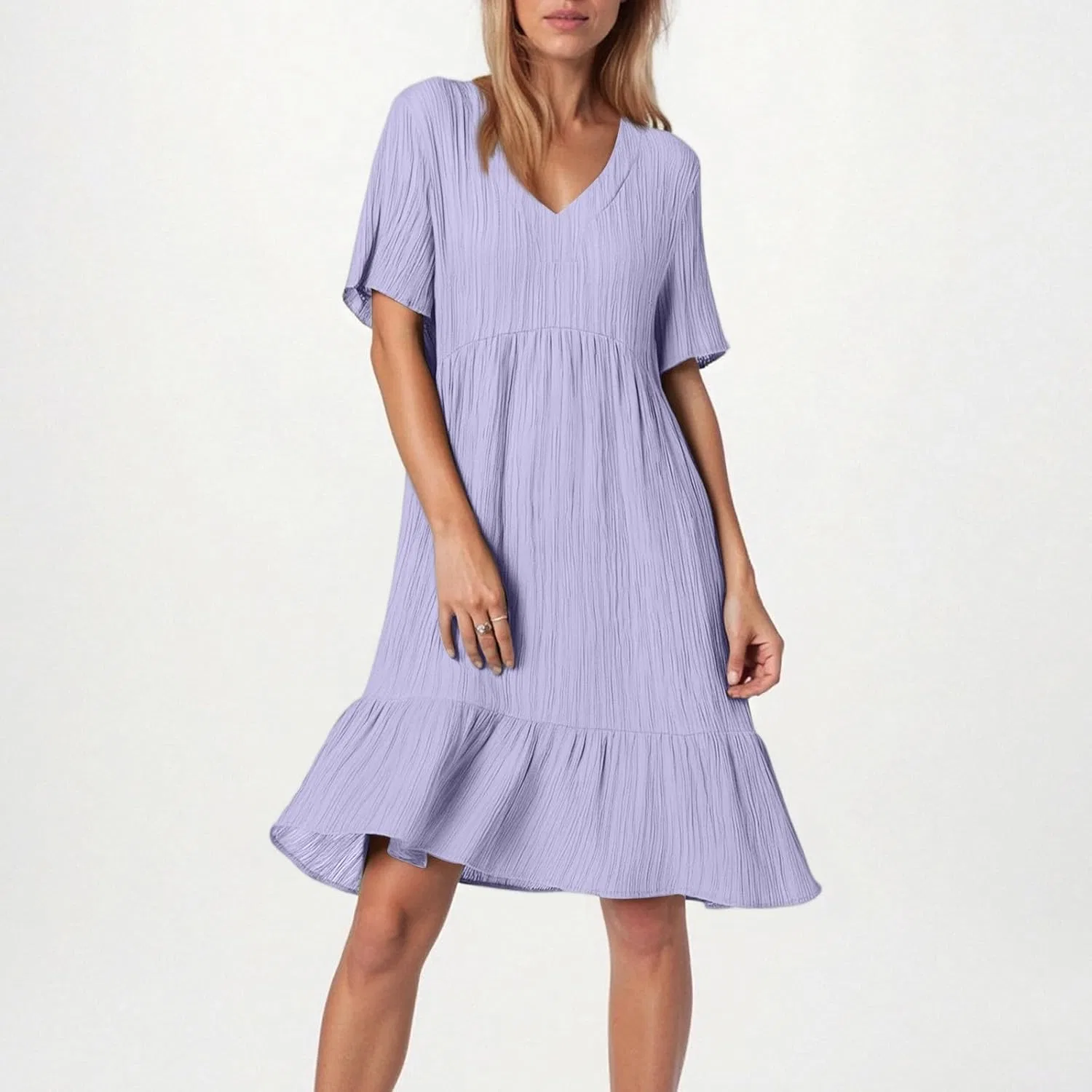 Женское летнее мини-платье свободного кроя V-образным вырезом, A007-light Purple — фото 3