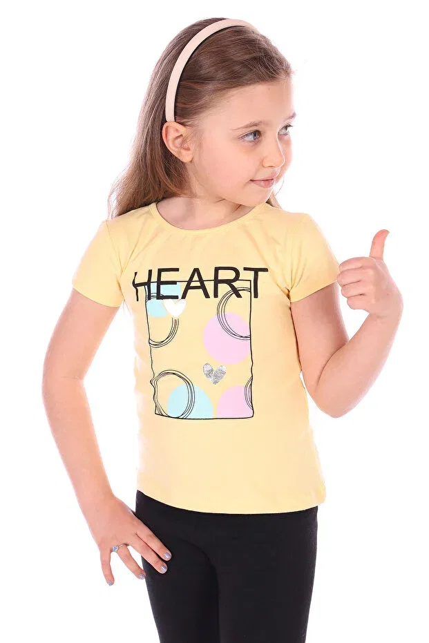 Детская футболка для девочек с принтом Heart Printed T-Shirt Toontoy, Sarı