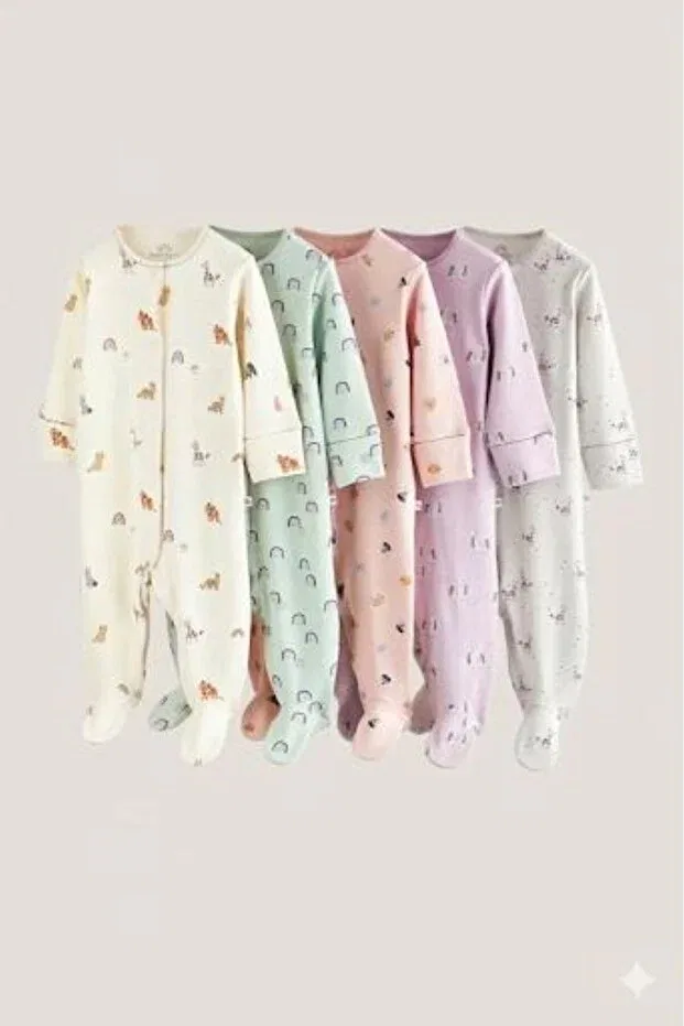 Детский комплект комбинезонов с принтом Cotton pcs cream animal printed 5-piece jumpsuit set Next Baby, Multicolor